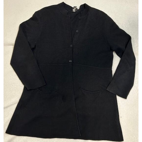 EILEEN FISHER Black Silk Blend Mandarin Collar Button Tunic Sweater Womens LARGE - Picture 15 of 16